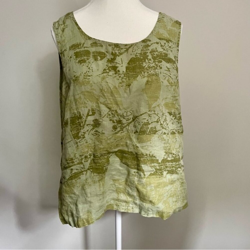 Click 100% Linen Green Forest Print Tank Top Size Large Lagenlook Fairycore